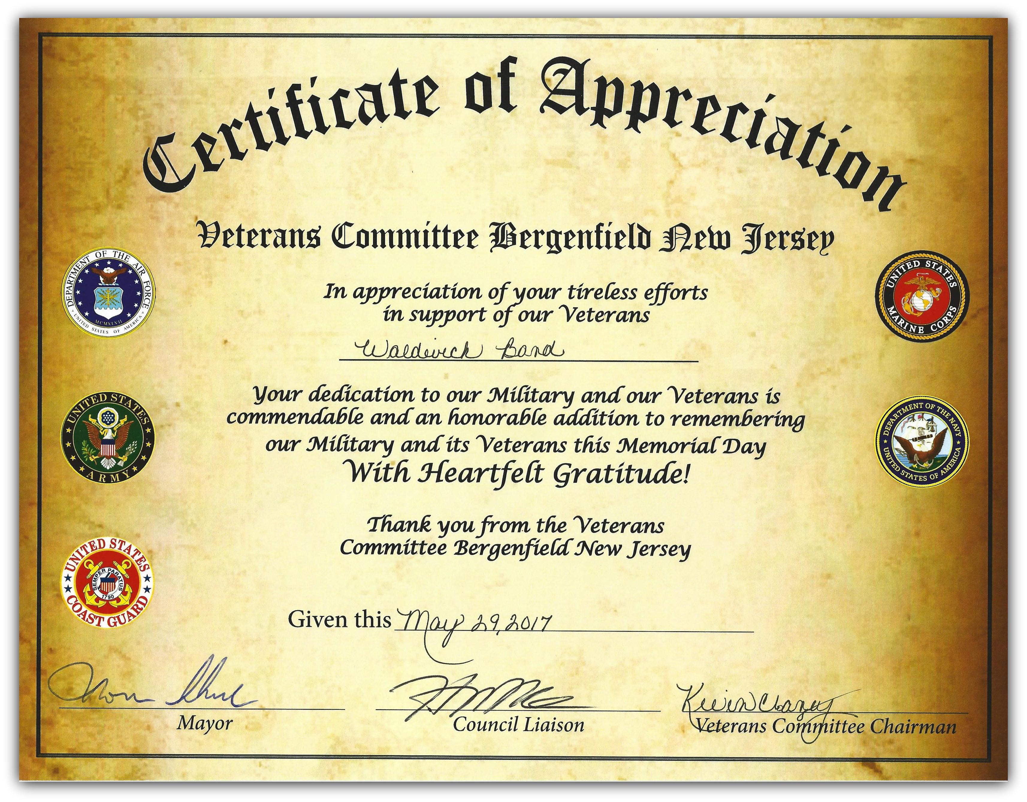 CERTIDIficat of appreciation from bergenfield